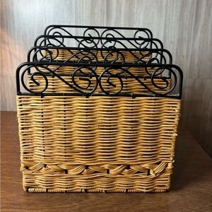 Vintage Wicker File Organizer with Black Metal Dividers - Natural Brown